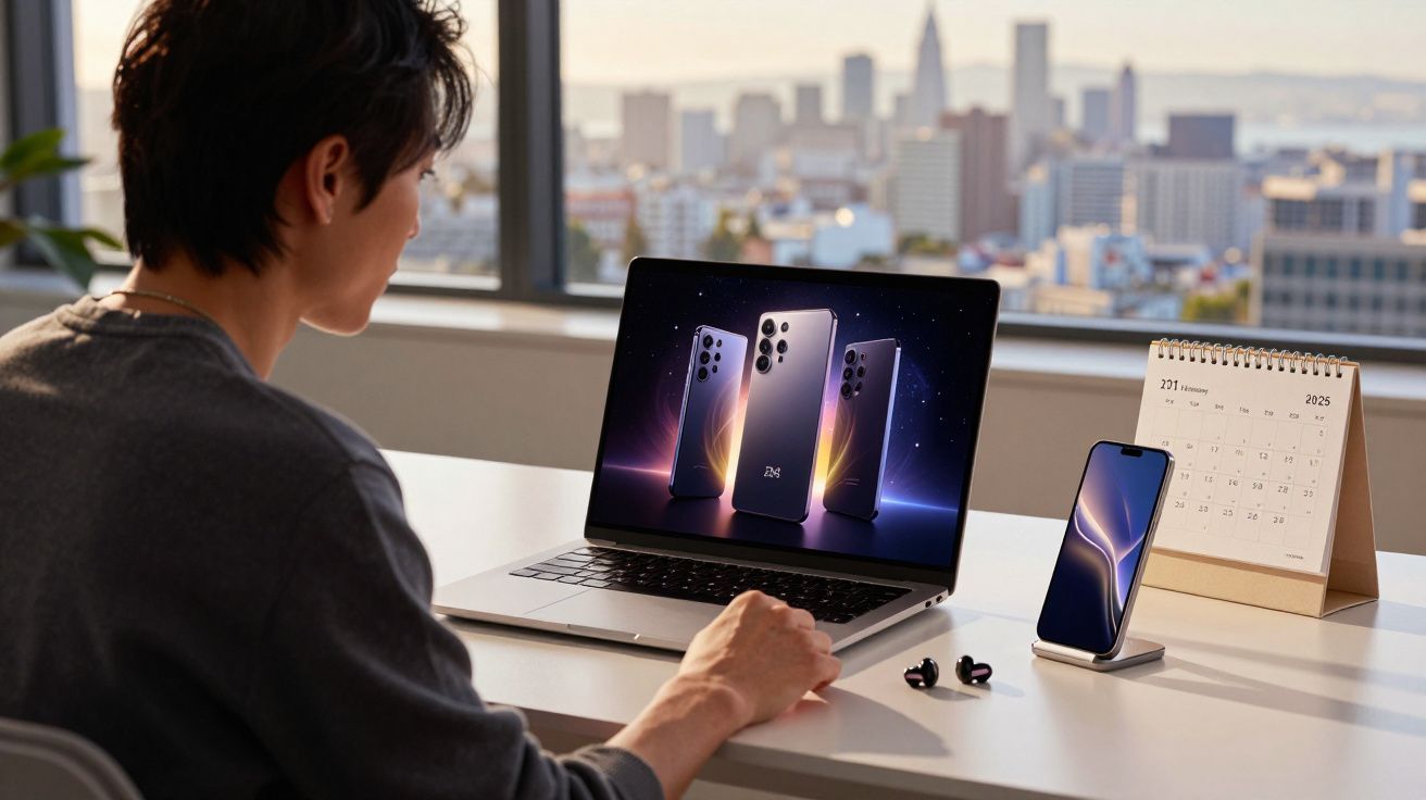 Person sitting at desk with laptop displaying smartphones, wireless earbuds, and calendar showing January 2025.