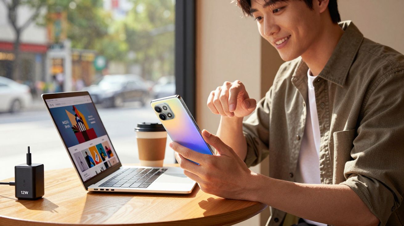 Young man smiling while using a smartphone at a café table with a laptop and coffee cup nearby.