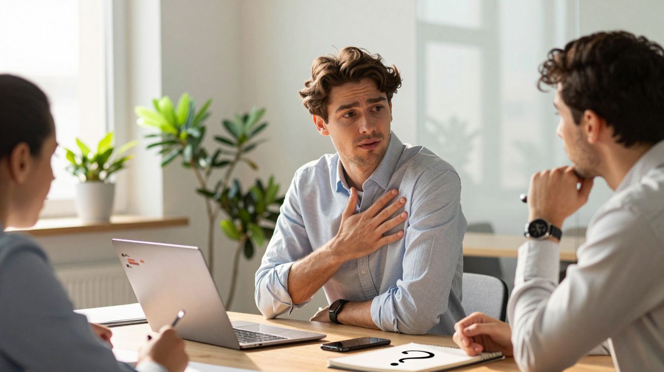 Young man speaking earnestly in a meeting with colleagues around a table with laptops and notepads.