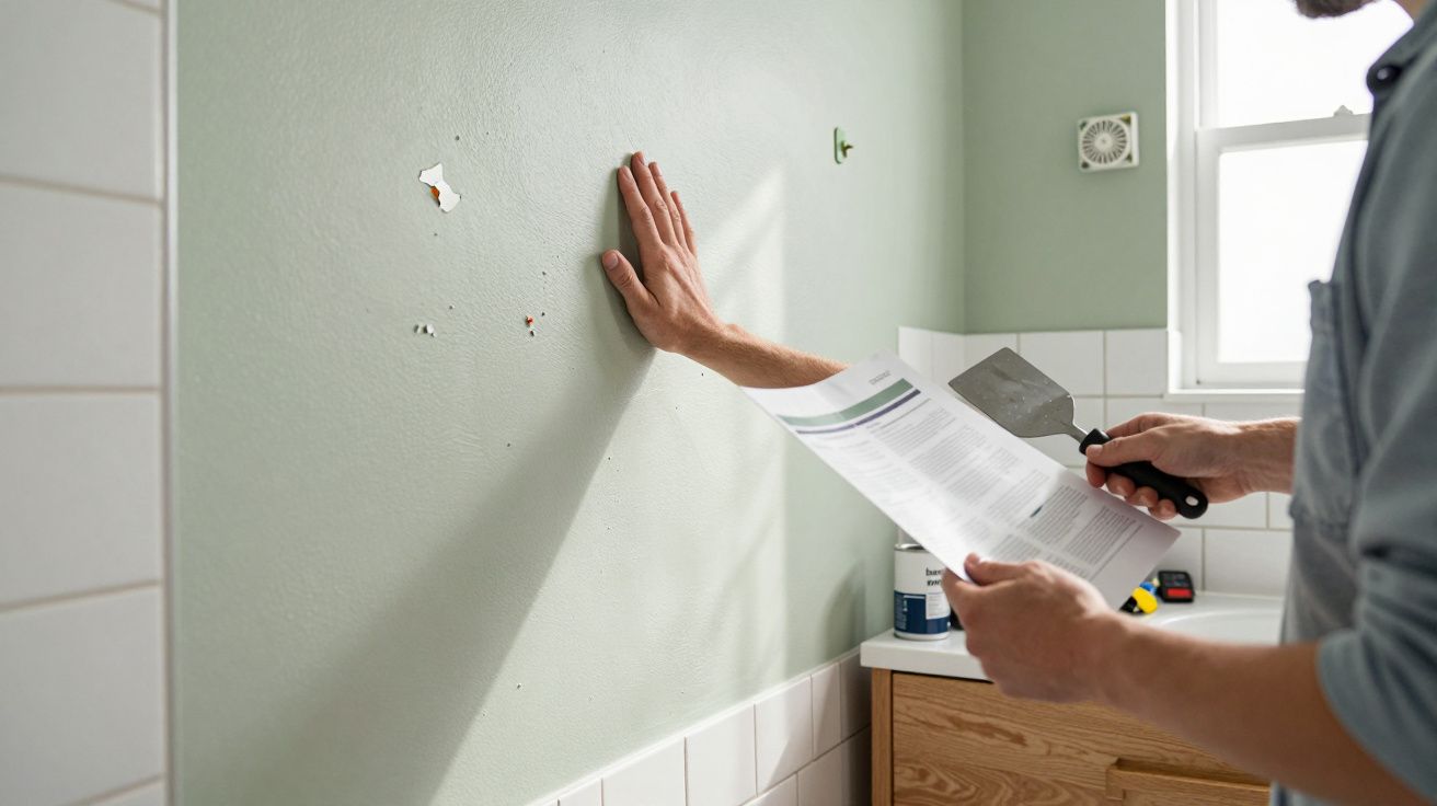 Person inspecting wall damage and holding a putty knife and instruction manual in a bathroom.