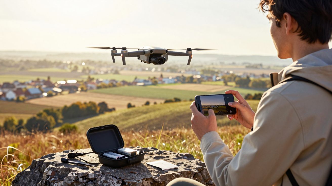 Person flying a drone over a rural landscape with a controller and accessories on a rock nearby.