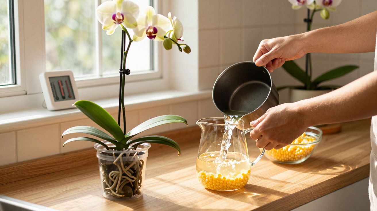 Hands pouring water from a pot into a jug with yellow beads on a kitchen counter near a white orchid plant.