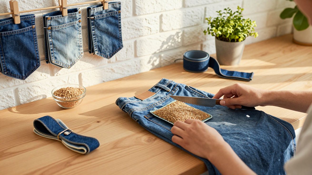 Person placing grains onto a denim patch on jeans with denim pockets hanging and plant on table.
