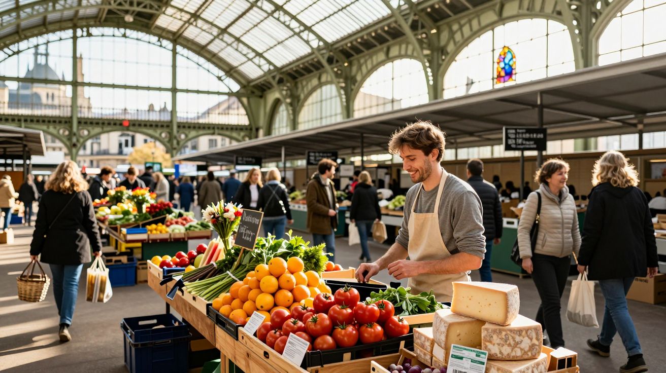 Man in apron arranging fresh tomatoes and cheese at a bustling indoor market with shoppers and high arched ceiling.