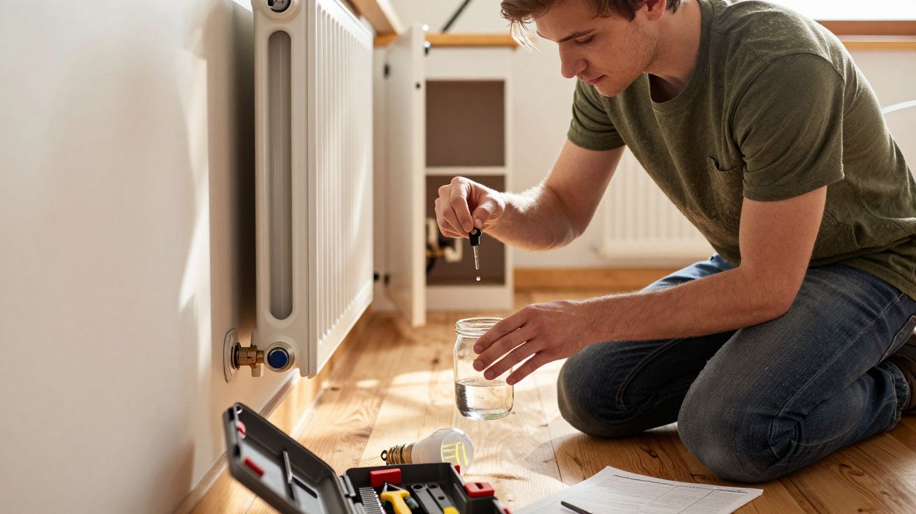 Man testing radiator water quality with a dropper, sitting on floor next to tools and documents in a home setting.