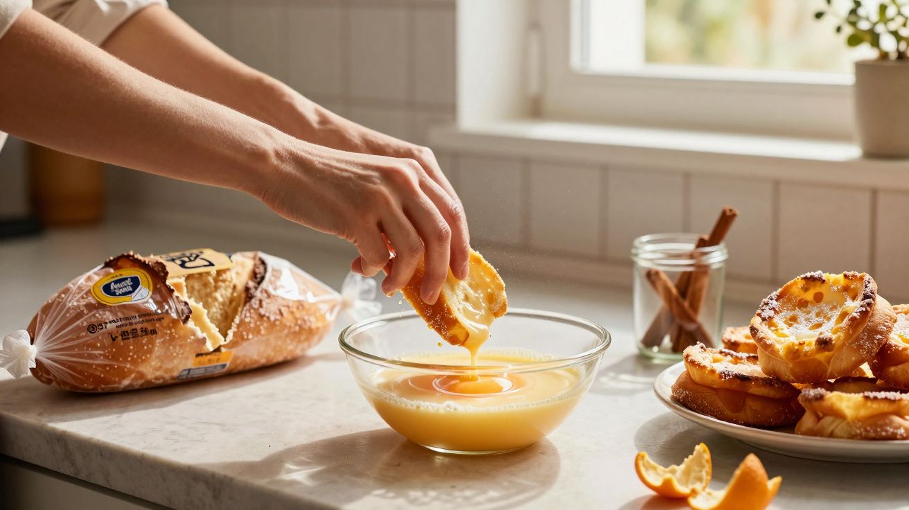 Hand dipping a slice of orange into a glass bowl of beaten eggs on a kitchen countertop.