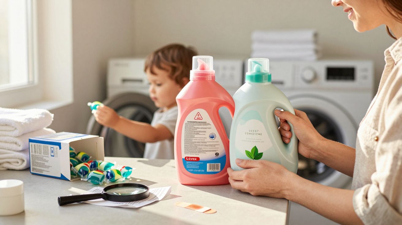 Woman holding two bottles of laundry detergent with child playing in background in laundry room