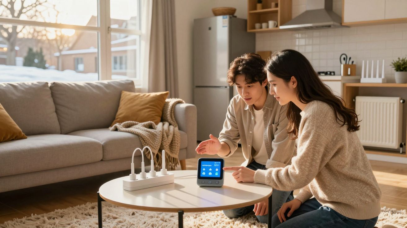 Young couple interacting with a smart home device on a coffee table in a cozy living room.