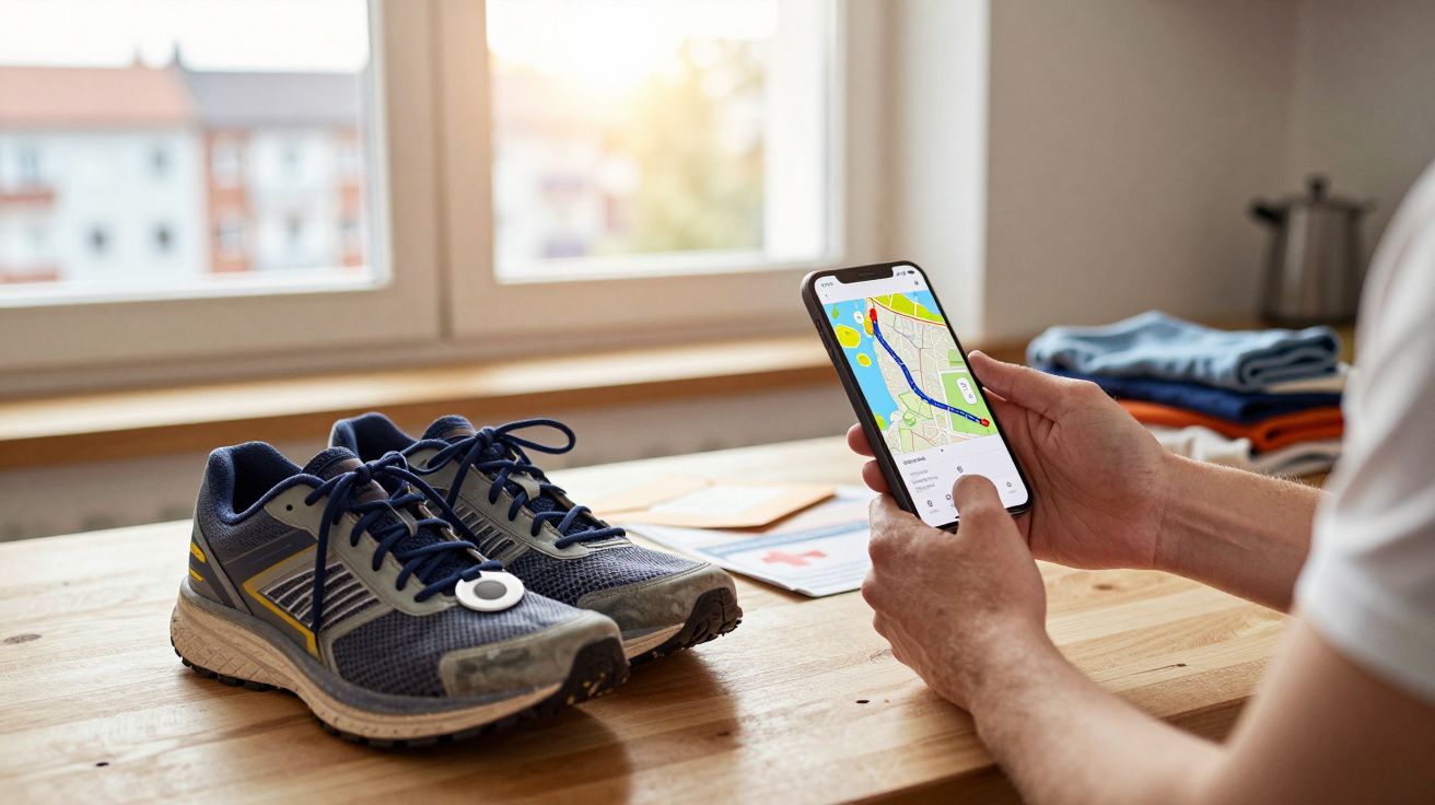 Pair of running shoes on a wooden table beside a person holding a smartphone displaying a running route map.