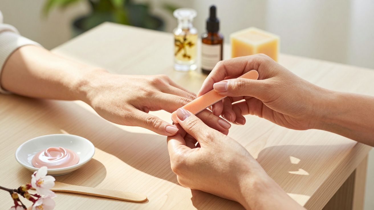 Hands filing nails during a manicure session with skincare products on a wooden table in soft natural light