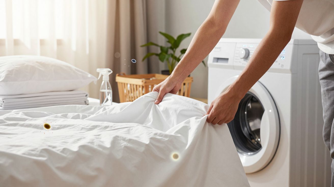 Person removing stained white bedsheet near washing machine in bright laundry room