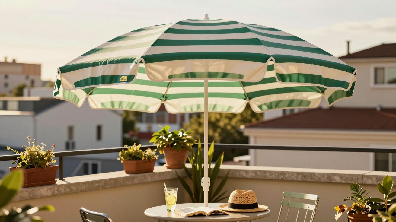 Green and white striped patio umbrella shading a table with a hat, book, and drink on a sunny balcony.