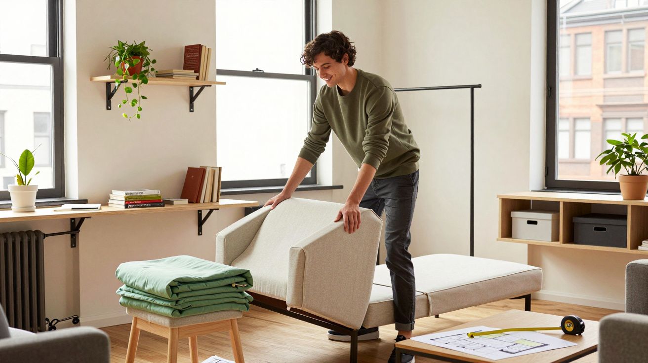Man unfolding a beige sofa bed in a bright living room with plants and books on shelves.