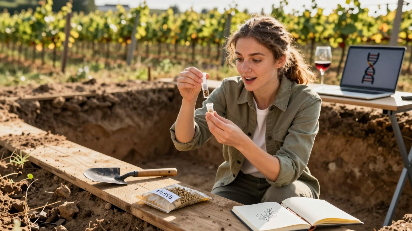 Woman analysing soil sample in vineyard with open notebook and laptop showing DNA on screen nearby