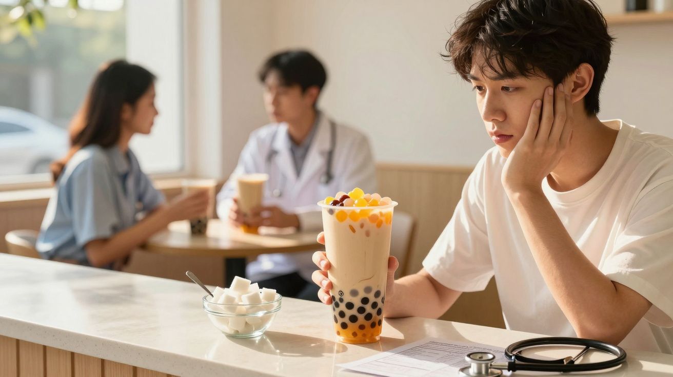 Young man in white t-shirt holding bubble tea, looking pensive at a counter with stethoscope and sugar cubes, blurred couple 
