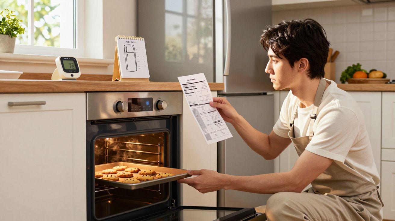Young man in apron checking recipe while baking chocolate chip cookies in a modern kitchen oven.