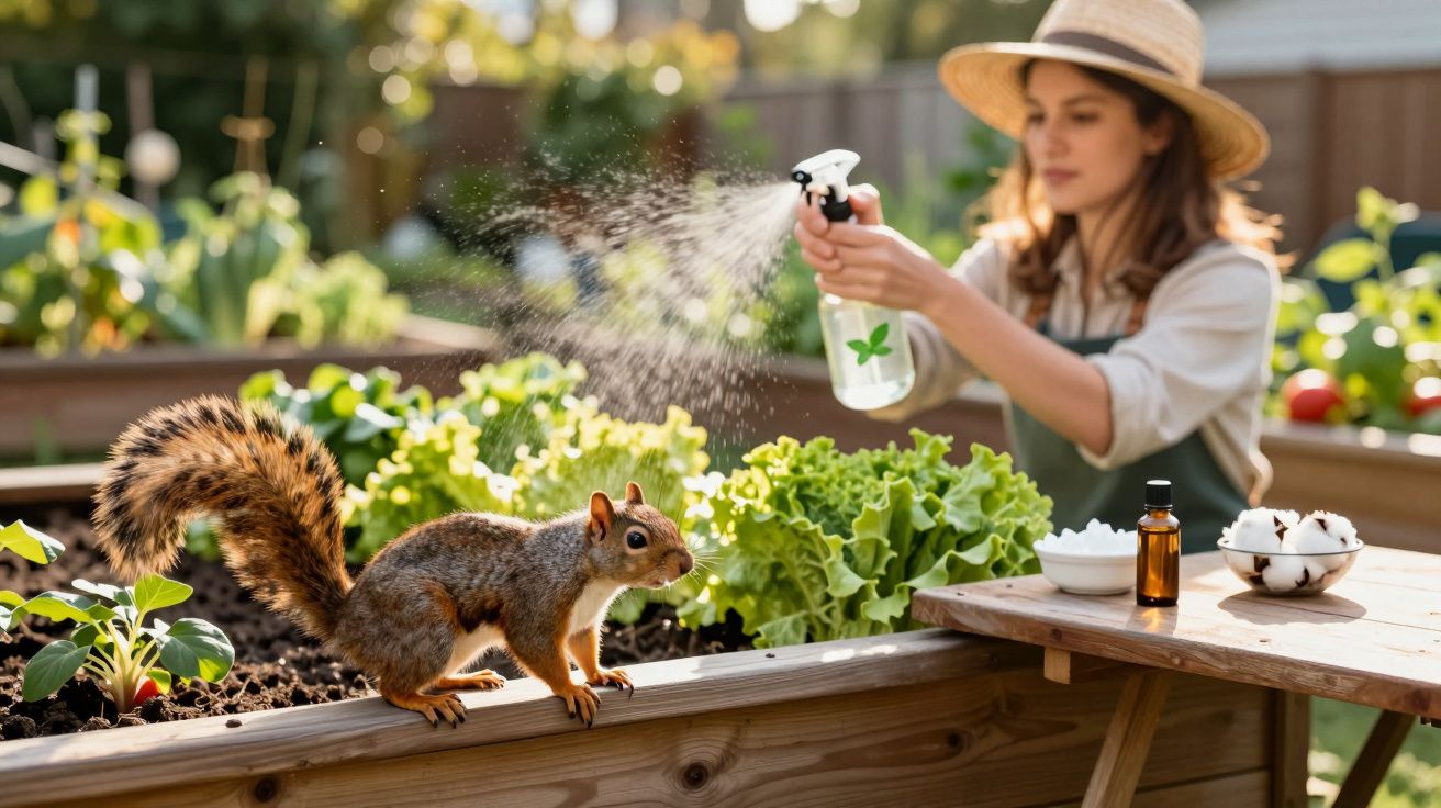 Squirrel on raised garden bed with woman in hat spraying plants in background on a sunny day.