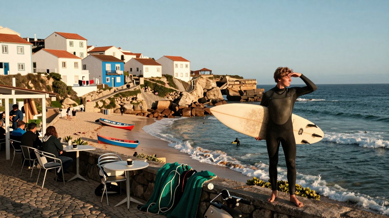 Surfer in wetsuit holding surfboard looks at sea by beach with colourful houses and people sitting at café tables.