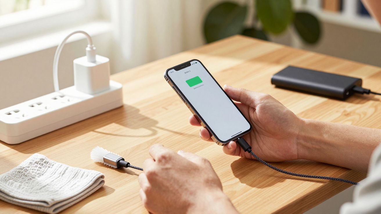 Person holding a charging smartphone connected to a power bank on a wooden table near a power strip.
