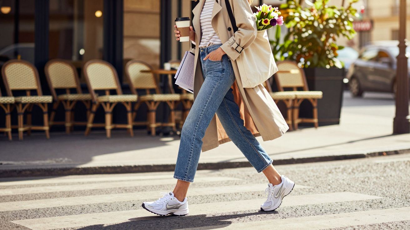 Person walking on a city street crossing wearing a beige trench coat, jeans, white trainers, holding coffee and flowers.
