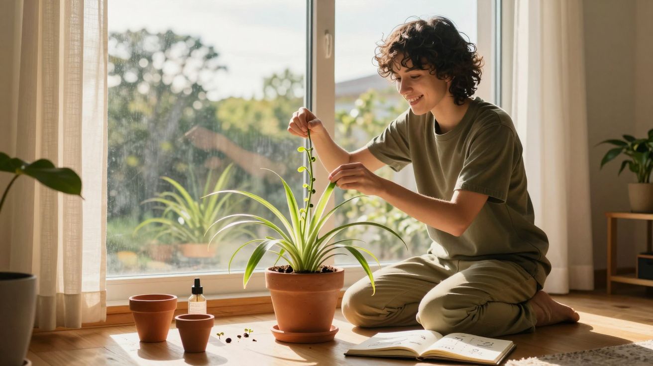 Teenager tending to a potted plant by a sunlit window, with small pots and an open book nearby.