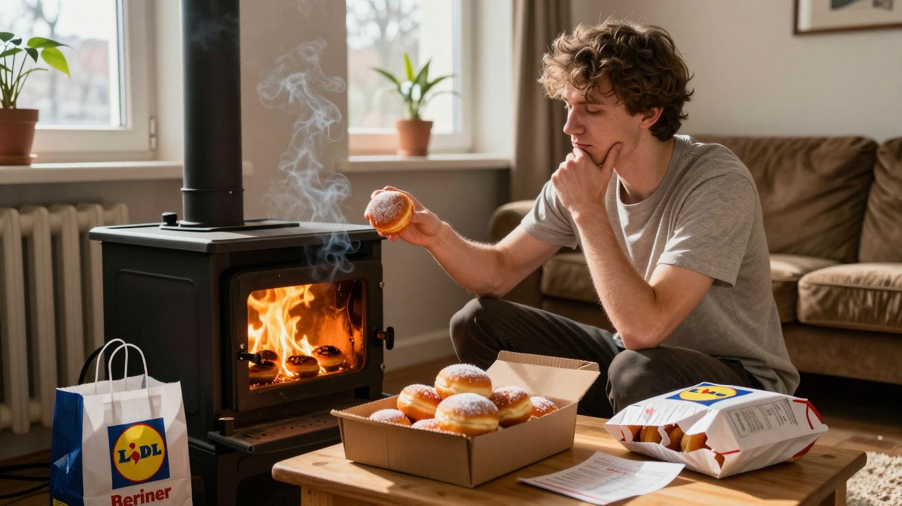 Young man warming a powdered doughnut by a wood-burning stove in a cosy living room.