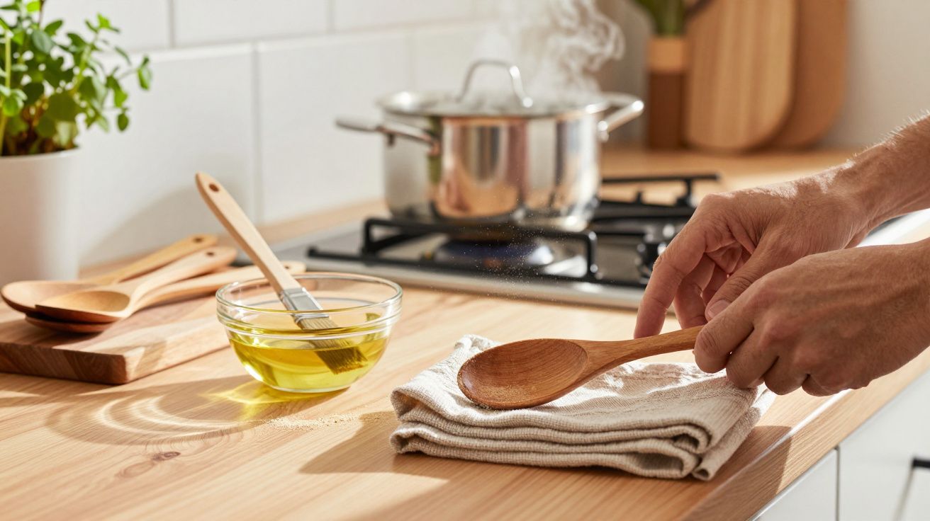 Hands holding a wooden spoon over a folded cloth on a kitchen countertop with cooking utensils and a steaming pot.