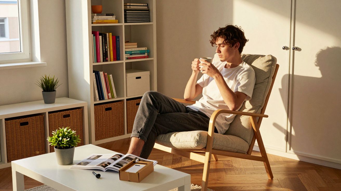Young man in casual clothes relaxing with a cup in a sunlit, cosy living room with plants and books.