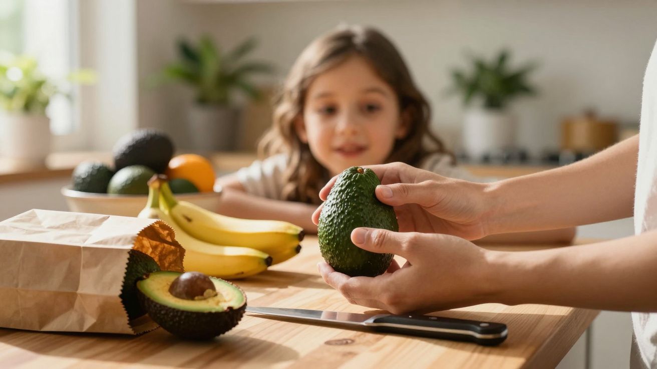 Hands holding an avocado with bananas and a child watching on a kitchen table with a knife and paper bag.