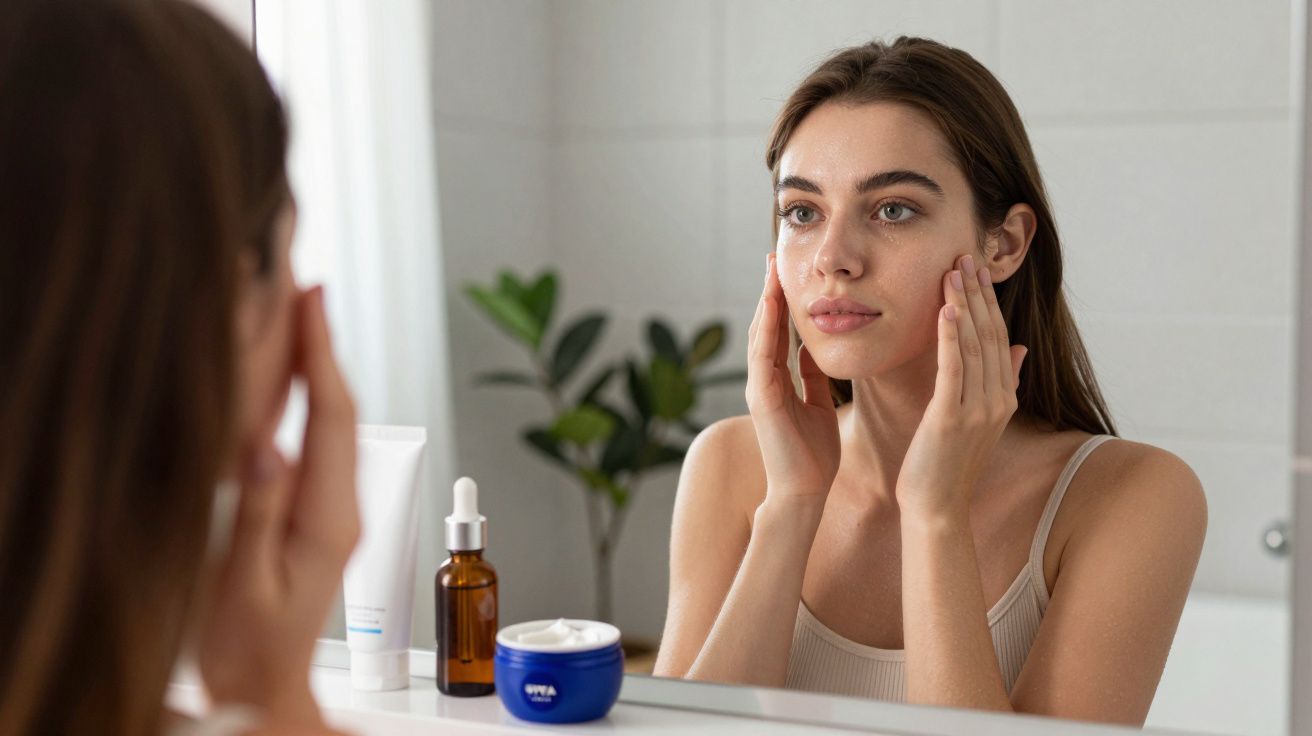 Young woman applying skincare cream on her face while looking in a bathroom mirror with products on the counter.