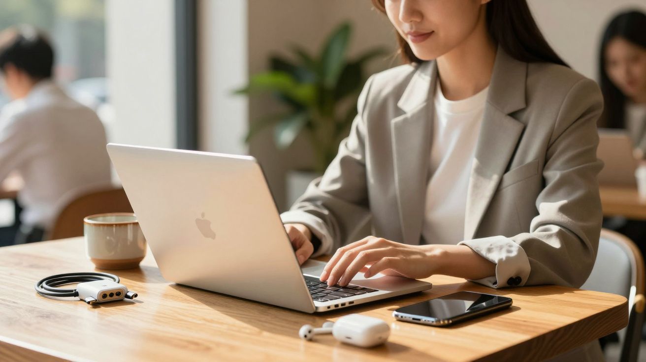 Woman typing on Apple laptop at wooden table with smartphone, wireless earbuds, and coffee cup in café.