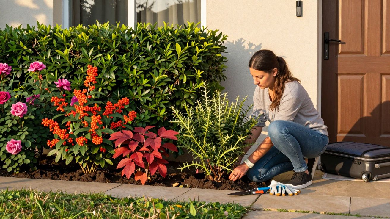 Woman gardening by a house entrance with colourful flowering plants and a suitcase nearby.