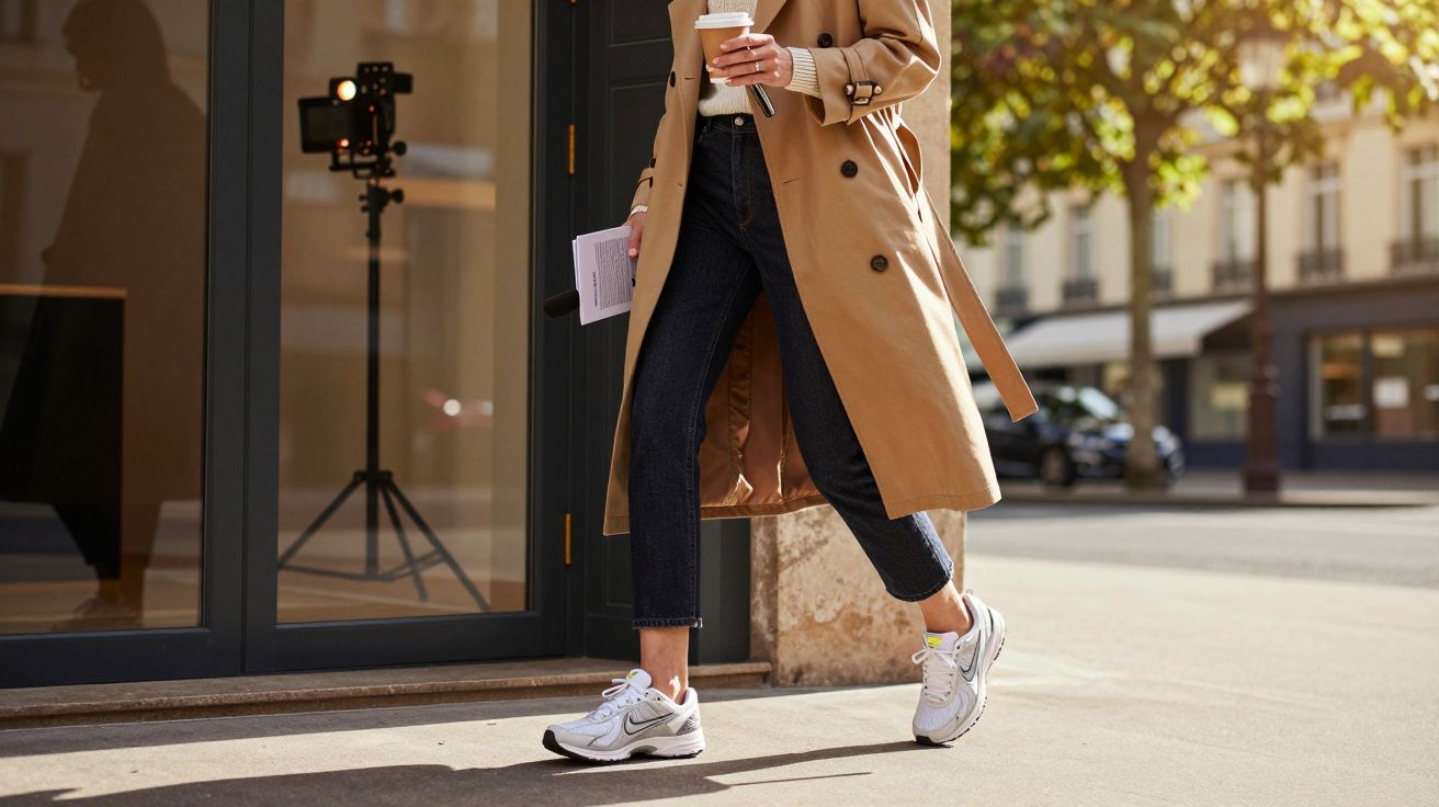 Person wearing a beige trench coat, dark jeans, and white sneakers walking on a city street holding coffee and papers.
