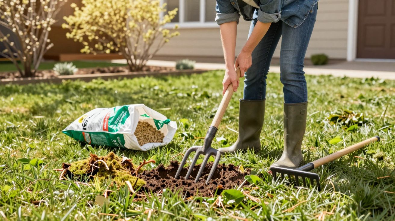 Person wearing boots and jeans turning soil in garden with garden fork, fertiliser bag nearby on grass.