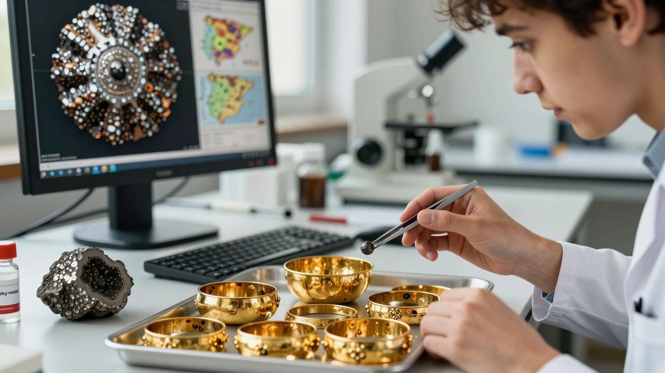 Scientist examining ancient gold jewellery with a microscope and computer analysis in a lab setting.