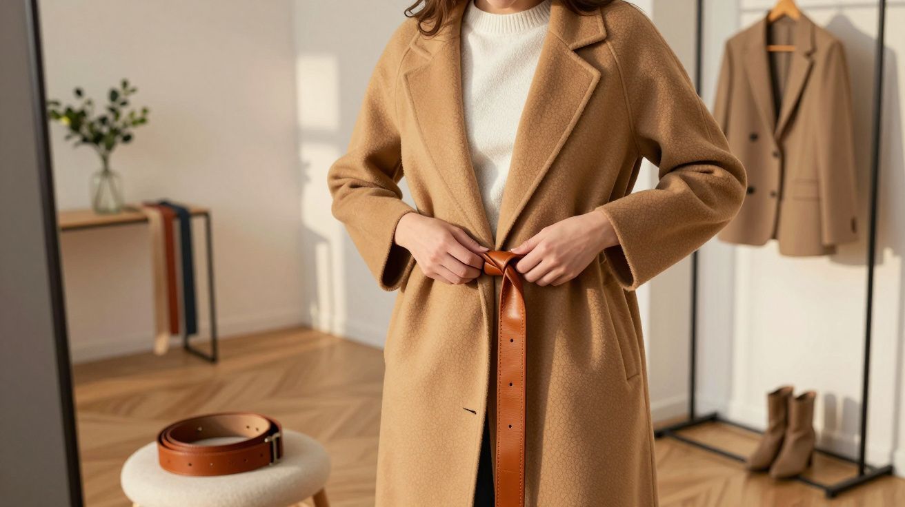 Person wearing a beige coat tying a brown leather belt in a warm, stylish room with matching coat and boots in background.