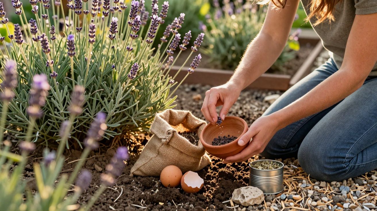 Person planting seeds in soil near lavender plants with gardening supplies and eggshells nearby.