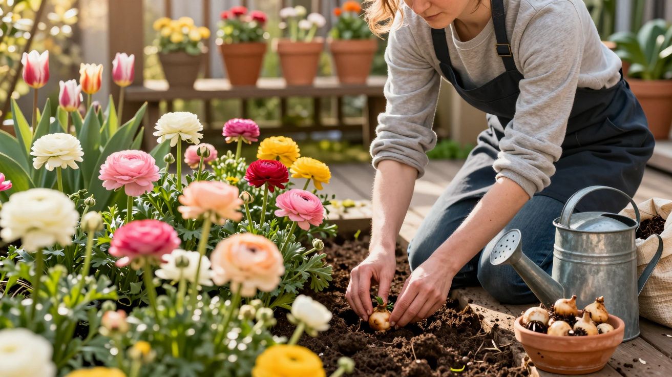 Person planting flower bulbs in garden bed surrounded by colourful tulips and ranunculus flowers outdoors.
