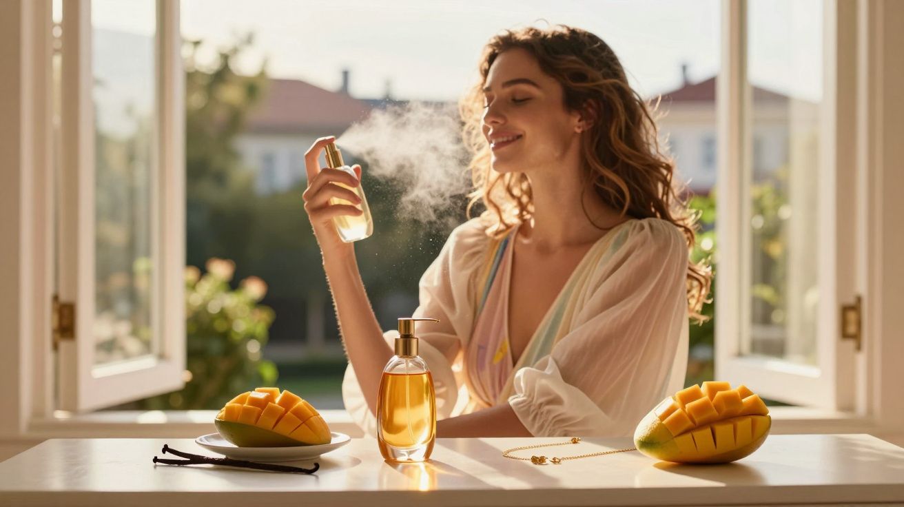 Woman spraying perfume while sitting at a sunlit table with sliced mangoes and fragrance bottles by an open window.