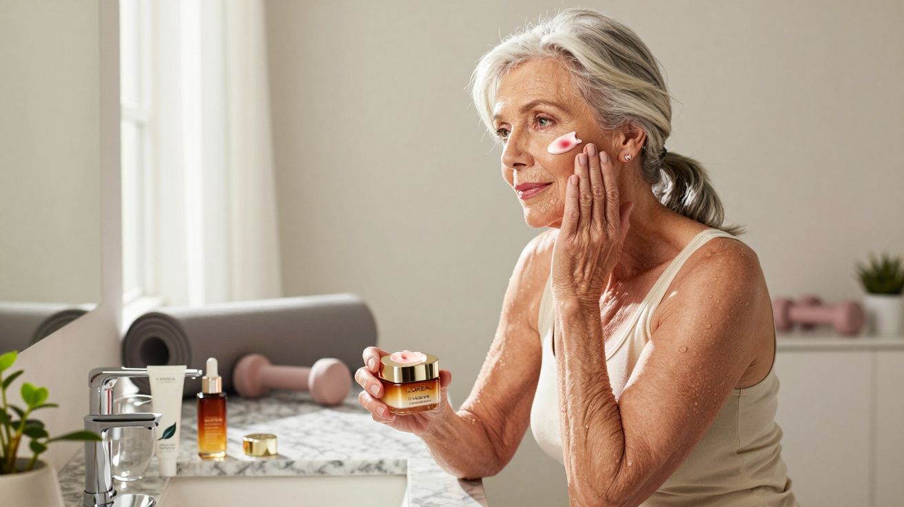 Elderly woman applying face cream in front of a bathroom mirror with skincare products on the counter.