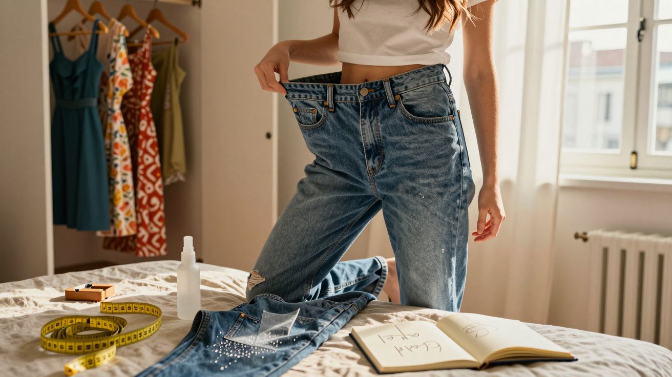 Woman in loose jeans holding waistband, surrounded by clothes, tape measure and notebook in sunlit bedroom