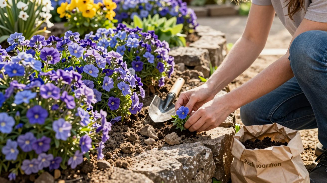 Person planting purple flowers in a garden bed with a trowel and soil bag nearby on a sunny day.