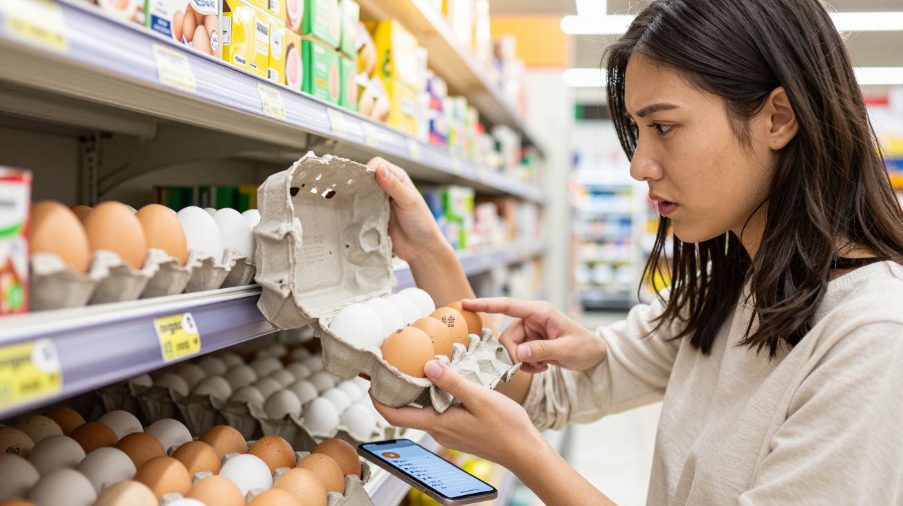 Woman inspecting eggs in a carton while grocery shopping in a supermarket aisle with a smartphone in hand.