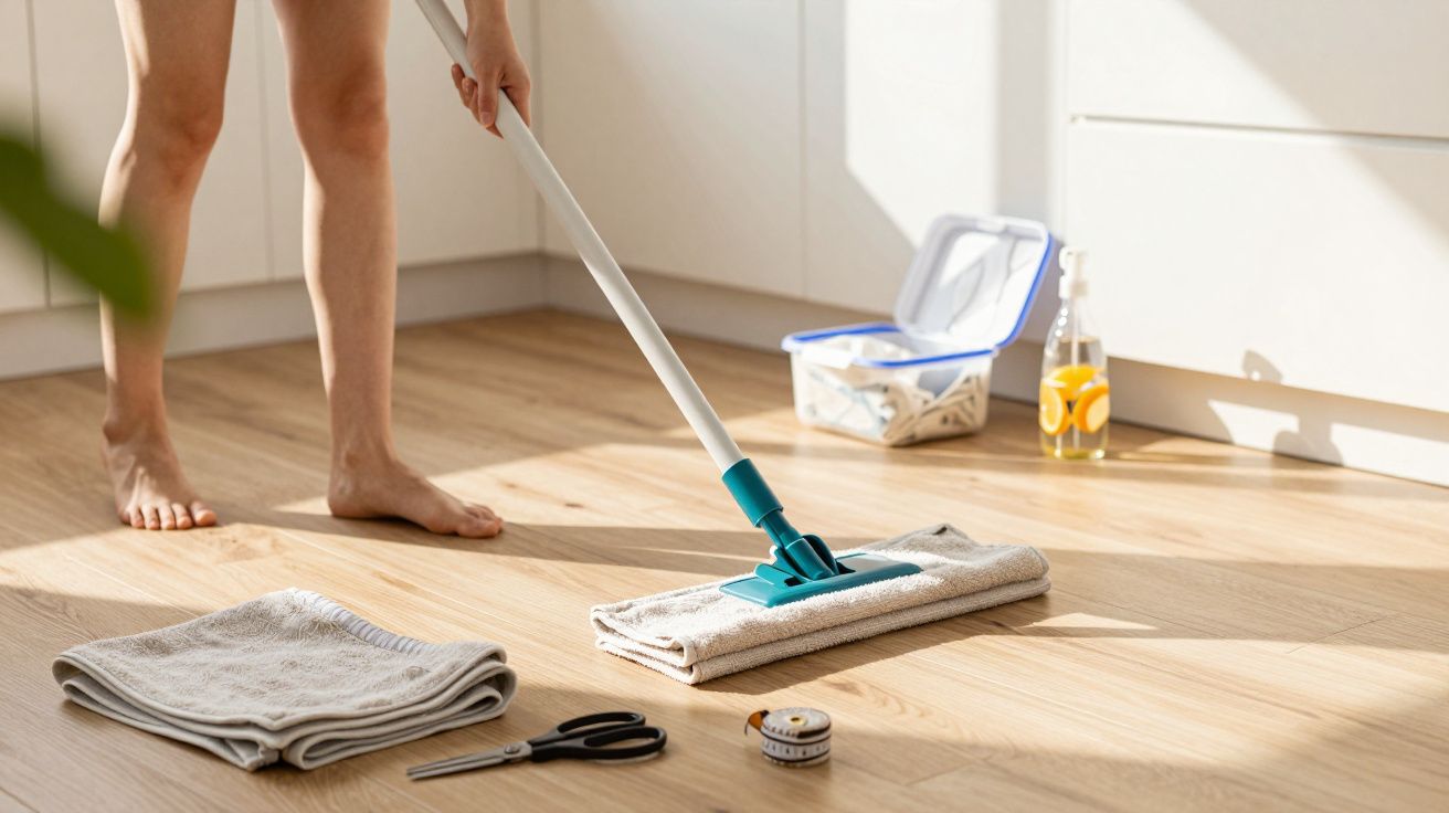 Person mopping a wooden floor in a bright kitchen with cleaning supplies nearby including a spray bottle and cloths.