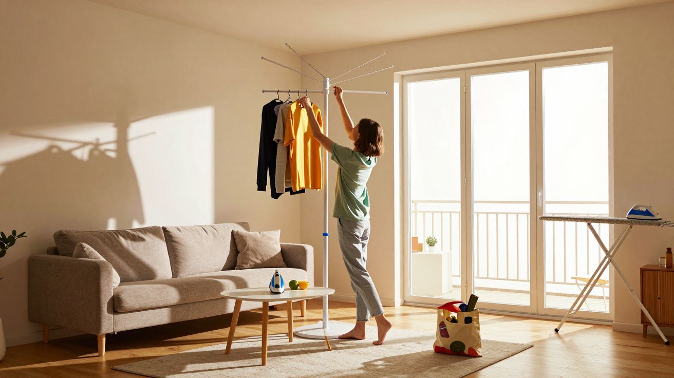 Woman hanging clothes on a drying rack in a sunlit living room with a sofa and ironing board.