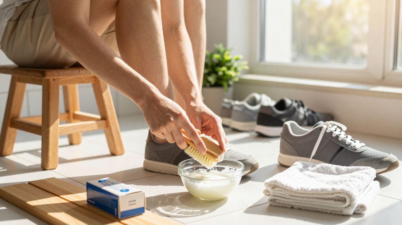 Person cleaning grey sneakers with brush and cleaning solution on a sunlit floor by a window.