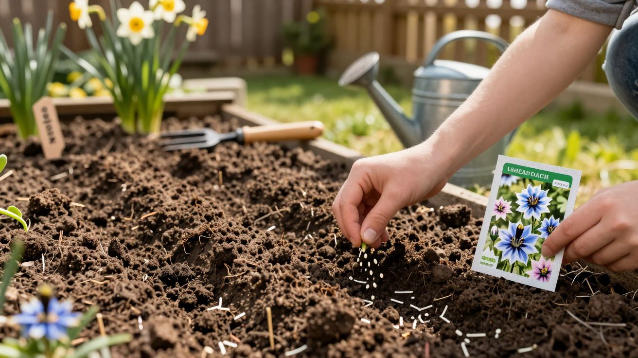 Person planting flower seeds in soil of raised garden bed with daffodils and gardening tools nearby.