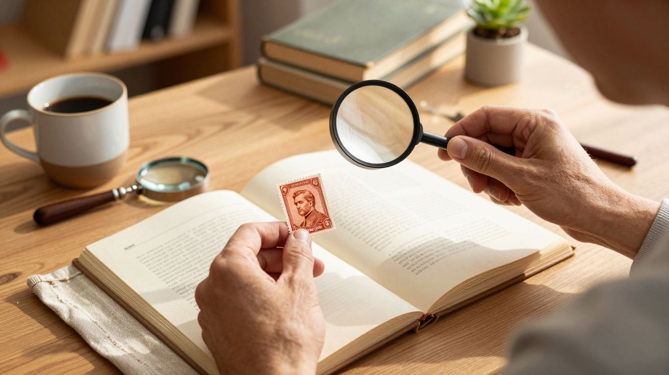 Person examining a vintage red postage stamp with a magnifying glass over an open book on a wooden table.