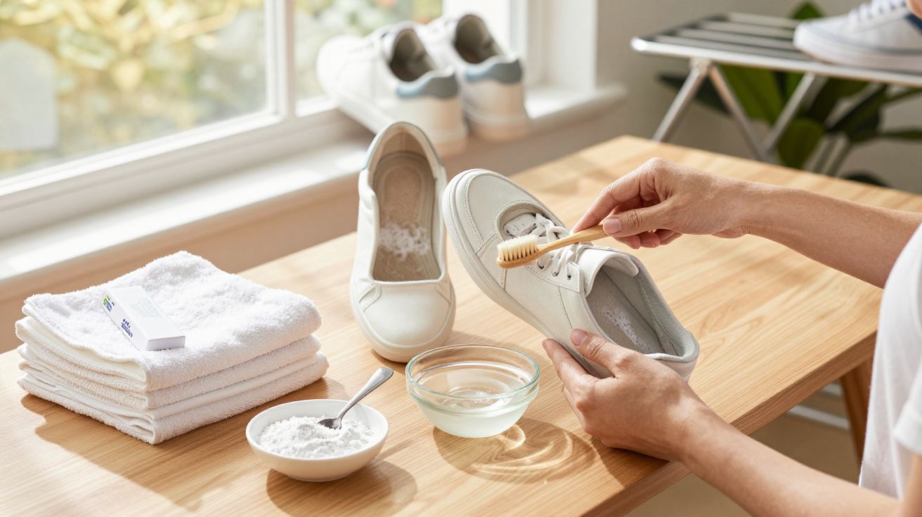 Person cleaning white canvas shoes with a brush, baking soda, water, and towels on a wooden table near a window.