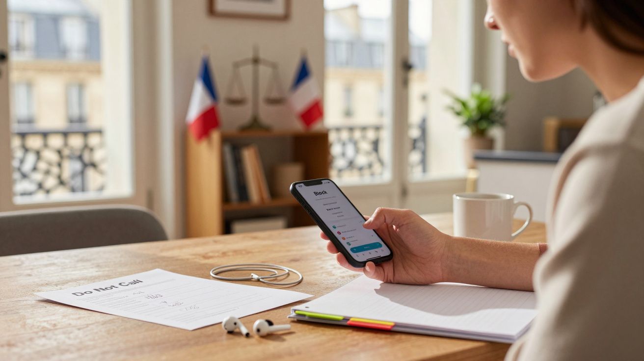 Person holding a smartphone at a desk with documents, earphones, pens, and a cup, with French flags in the background.